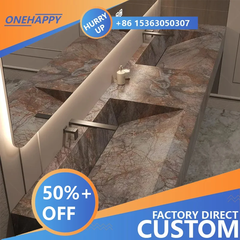 Any Size Custom Luxury Natural Stone Bathroom Vanity Set Integrated Sink Single Double Sink Stain Resistant Waterproof Durable H