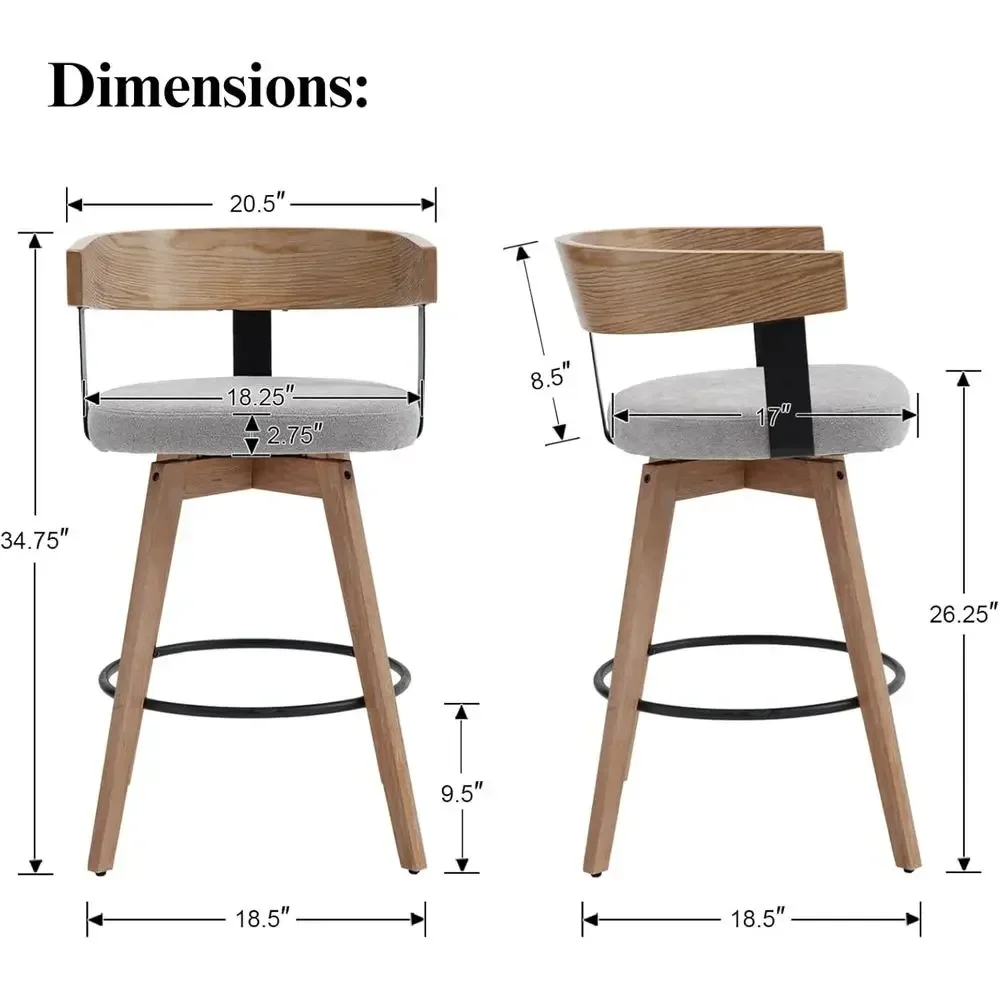 Set of 2, 26 Grey Linen-Upholstered Counter Height Bar Stools with Wooden Backrests for Kitchen Island or Home Bar - view 2