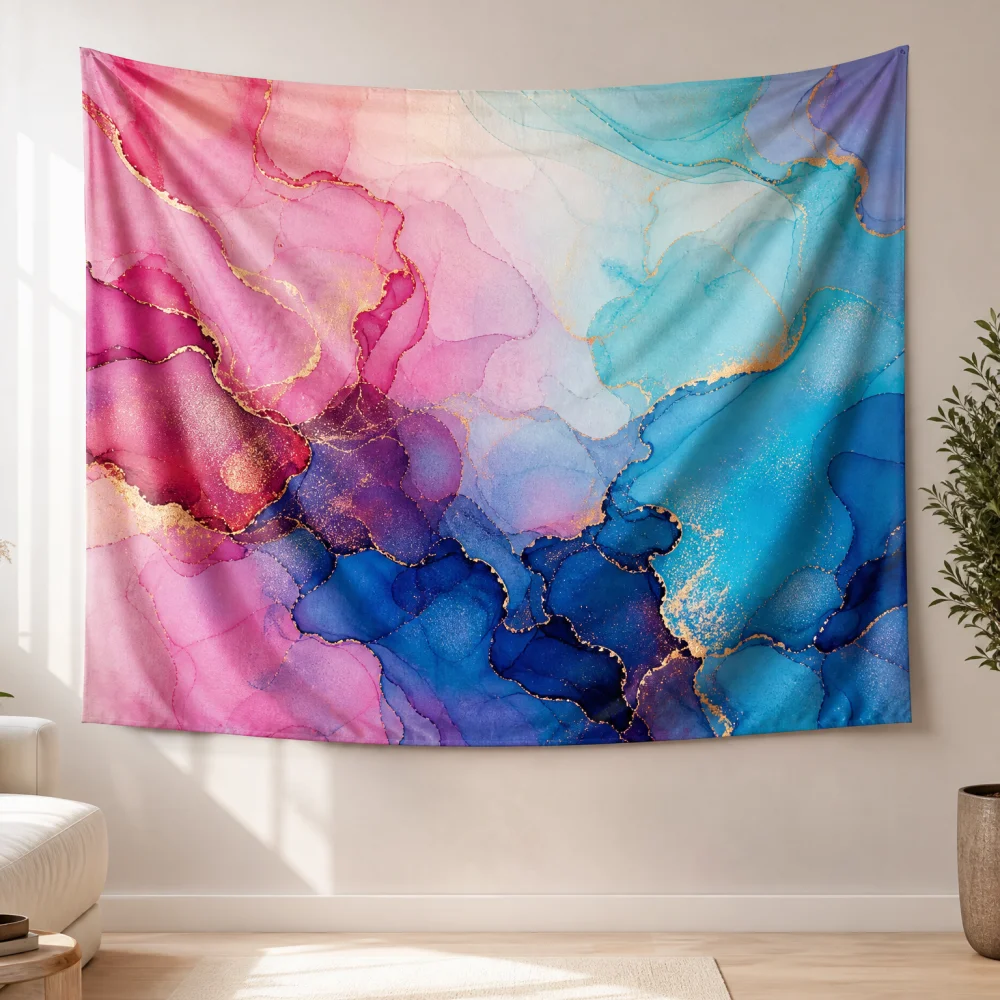 Pink, blue, purple, gold border ink 150X100CM customizable tapestry suitable for high-end soft wall coverings in living rooms