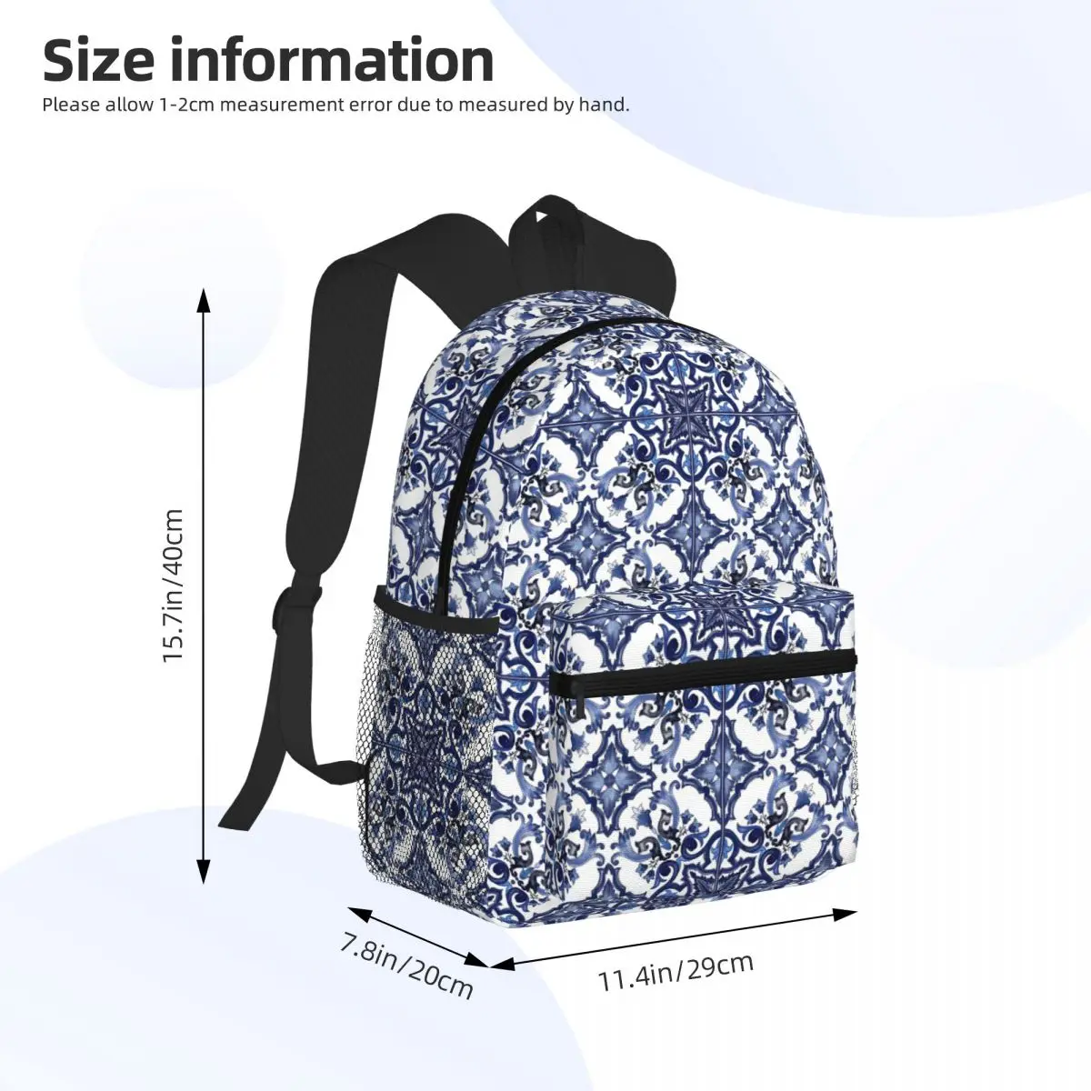 Blue Ornate Floral Mediterranean Sicilian Tile Student Backpack School Bag Hiking Travel Daypack Boy Girls Bookbag Shoulder Bags