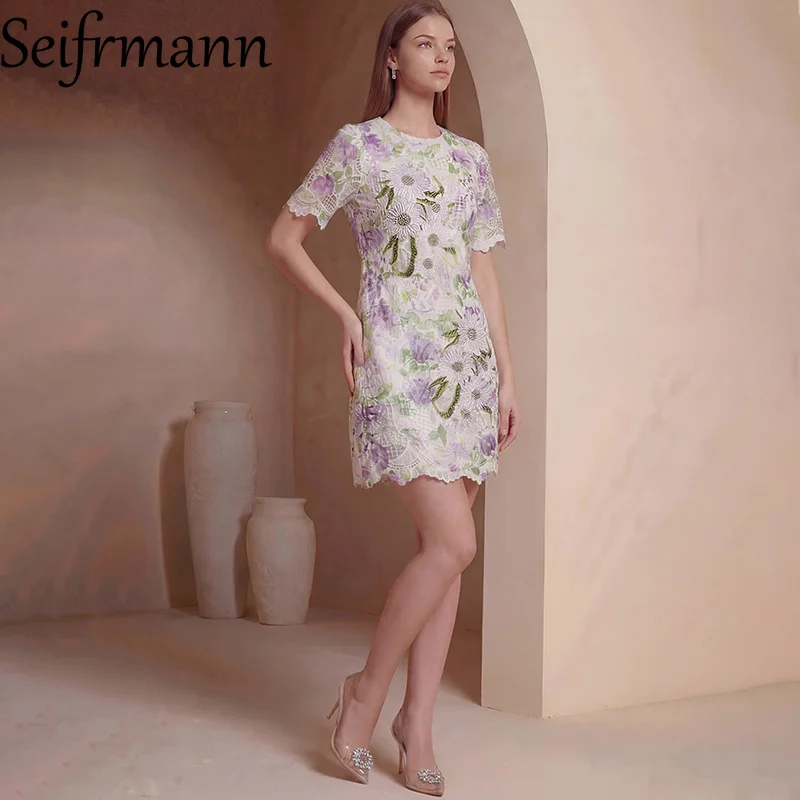 

Seifrmann 2026 Spring Women's clothing New Fashionable Round Neck Short Sleeve Printed Nail Bead Dress