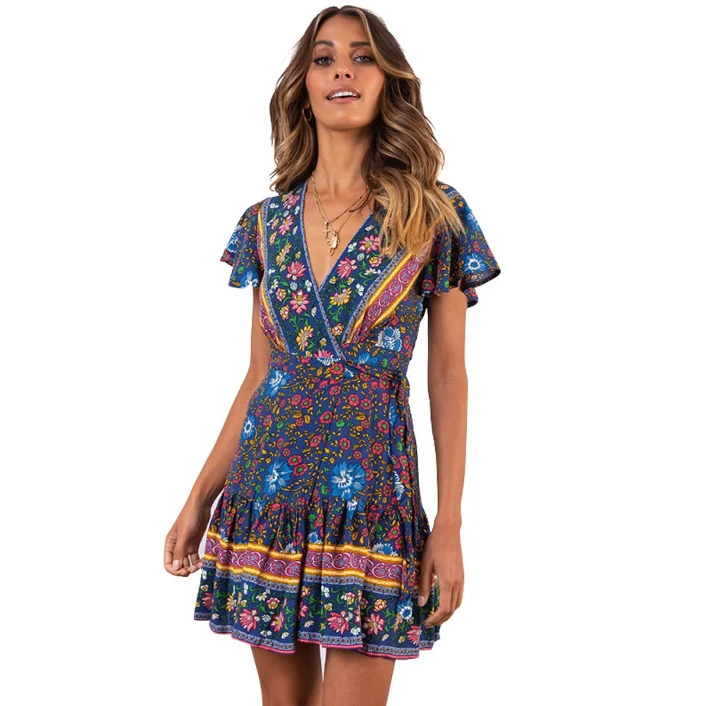 Women's Clothing New Summer V-neck Dresses Sexy Bohemian Printed Dress Short Skirt Women's Wear