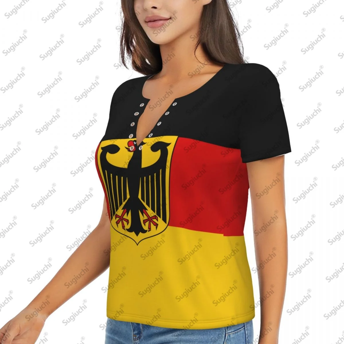 2025 Germany Flag Sexy Deep V Neck Women 3D Short Sleeve Fashion Tees Female Clothing Tops Girl Casual Blouse Tees