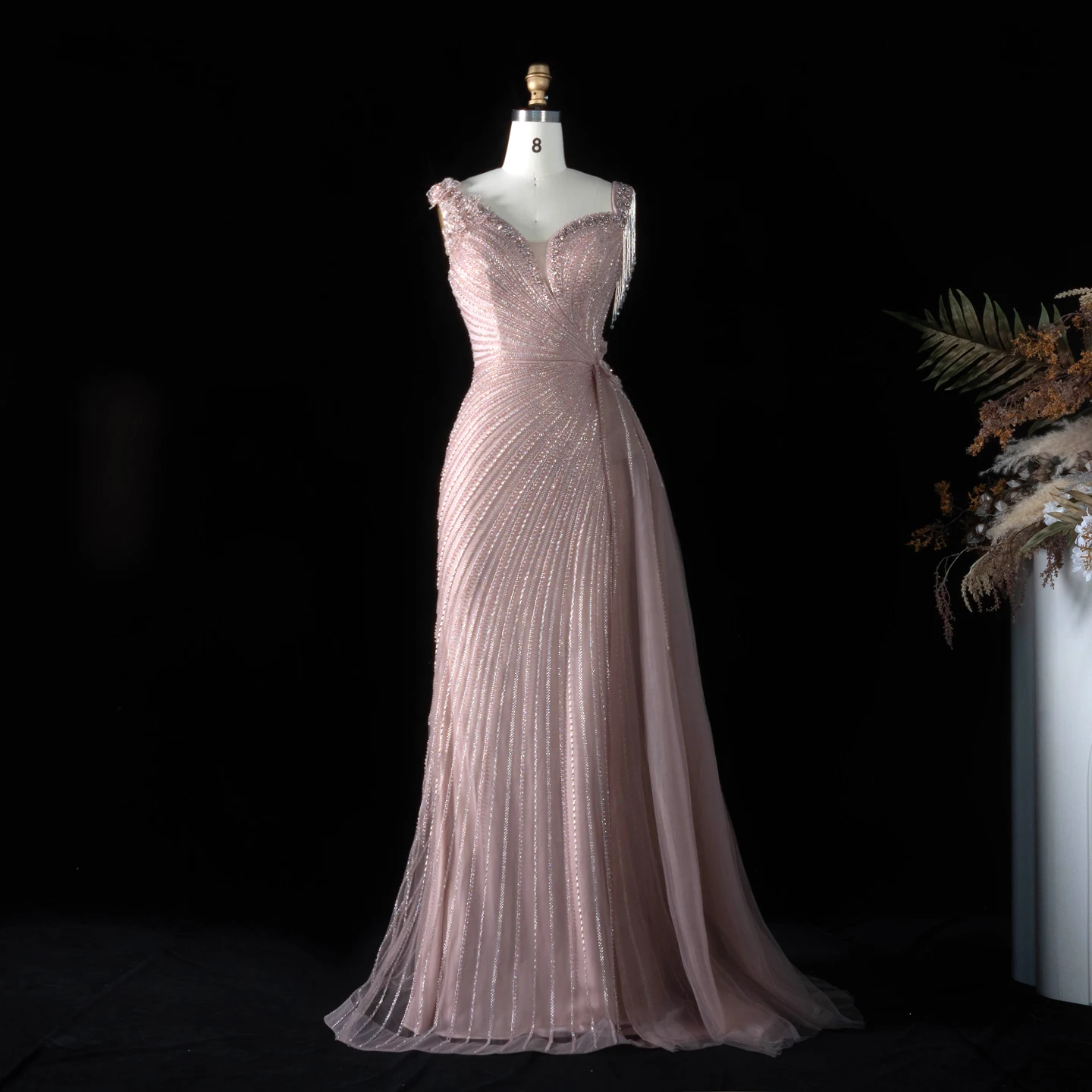 Sharon Said Abendkleid Glamouröses Grünes Tüllkleid mit Perlen und Quasten, Sweetheart-Ausschnitt, Luxuriöses Dubai-Formelles Hochzeits- und Partykleid SS103 Maßanfertigung – Detail 23
