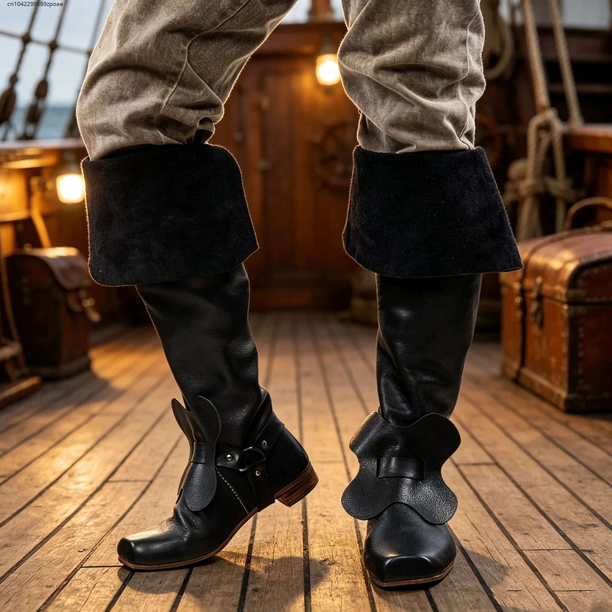 Vintage Pirate Knee High Boots Faux Leather Turn Down Cuff Retro Buckle Medieval Renaissance Boot Party Historical Stage Shoes