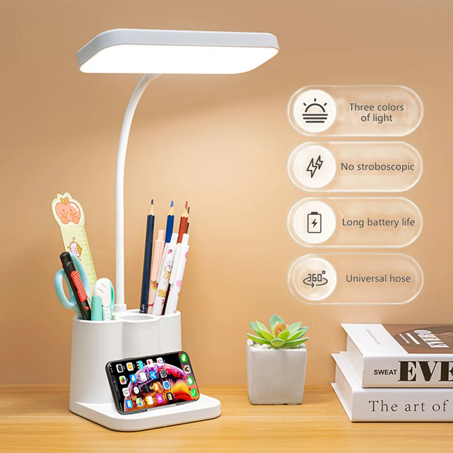 Rechargeable LED Table Lamp Pen Holder Eye Care Night Desk Lamp Bedroom Bedside Reading Light for Office Study Stepless Dimming