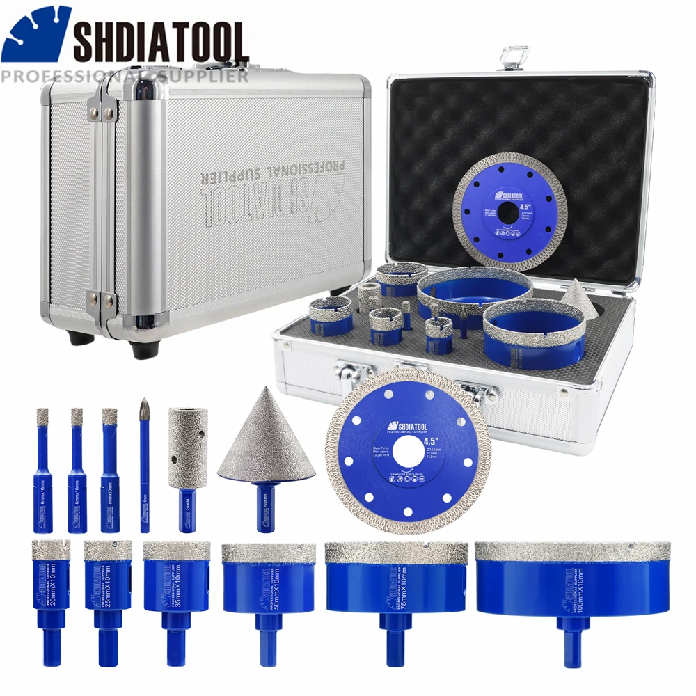 SHDIATOOL 12pcs Drilling Bit Kit Triangle Shank With Carbide Bit 115mm X Mesh Cutting Disc 20mm Milling Bit 50mm Chamfer Hex