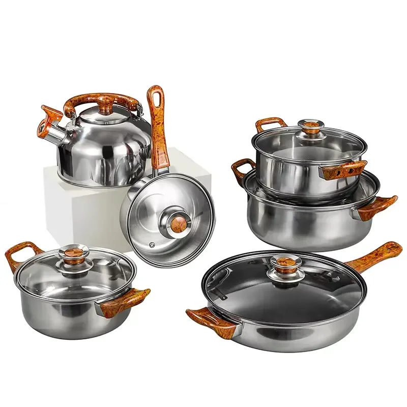 12-Piece stainless steel material with kettle wood grain handle uncoated non-stick frying pan kitchen utensils