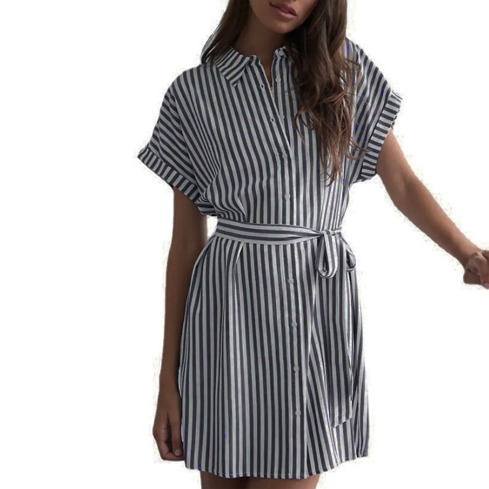 2024 Women'S Striped Short Sleeved Shirt Lace Up Dress Summer Striped Ladies Button Up Short Slim Fit Holiday Mini Dress