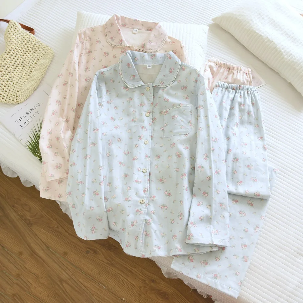 

Pure Cotton Pajamas For Women Pyjamas Autumn Long-Sleeve Lapel Sleepwear Cotton Women's Loungewear Pjs Home Suit Sleeping Wear