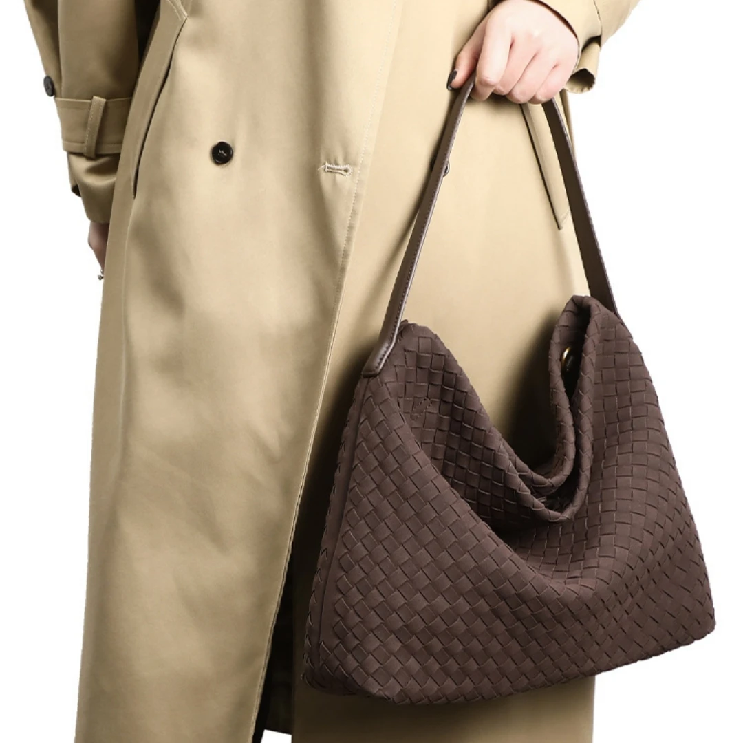 Ladies Large Weave Shoulder Bag Soft Suede Braided Hobo Tote Purse Trendy Oversized Woven Handbag for Office & Outings