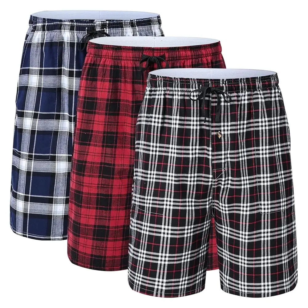 100% Cotton 3Pcs Mens Underwear Boxers Shorts Male Breathable Loose Pajama Sleep Bottoms Shorts Plaid Comfortable Homewear