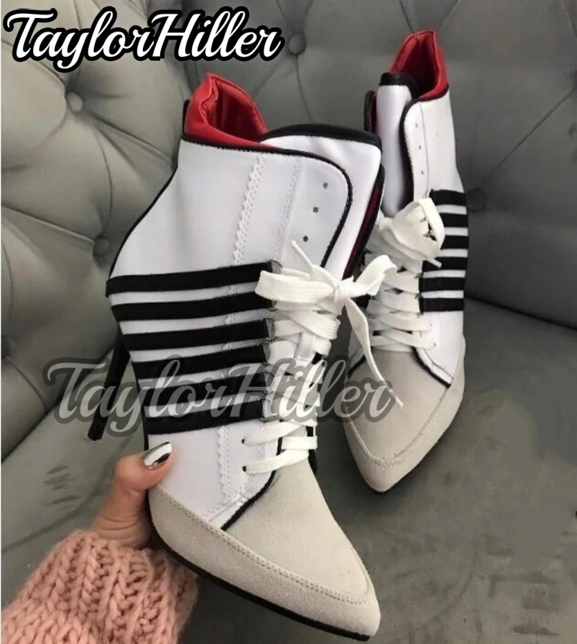 

Новые белые, черные полосатые ботильоны, высокие спортивные кроссовки, роскошные зимние туфли на шнуровке с острым носком на высоком каблуке-шпильке в стиле пэчворк