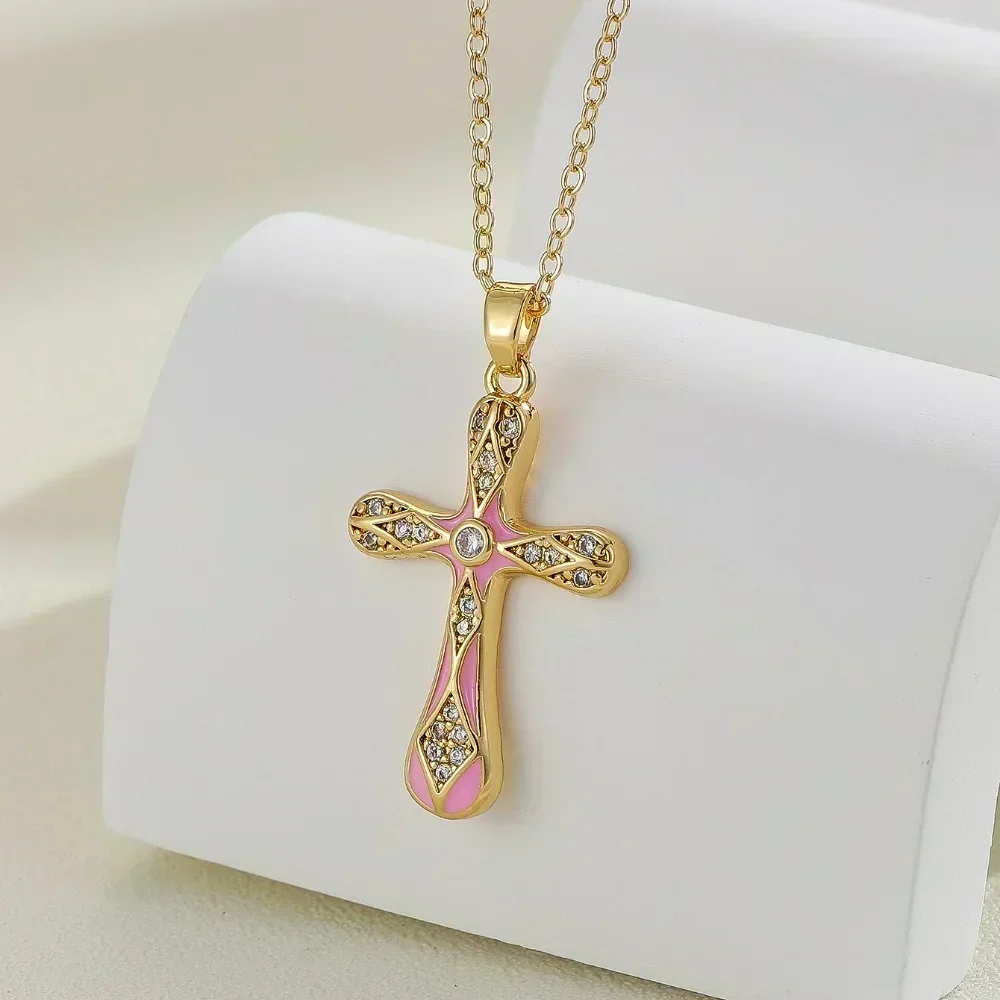 High-End European And American Fashion, Simple And Versatile Colorful Zircon Christmas Cross Series Necklaces For Men And Women