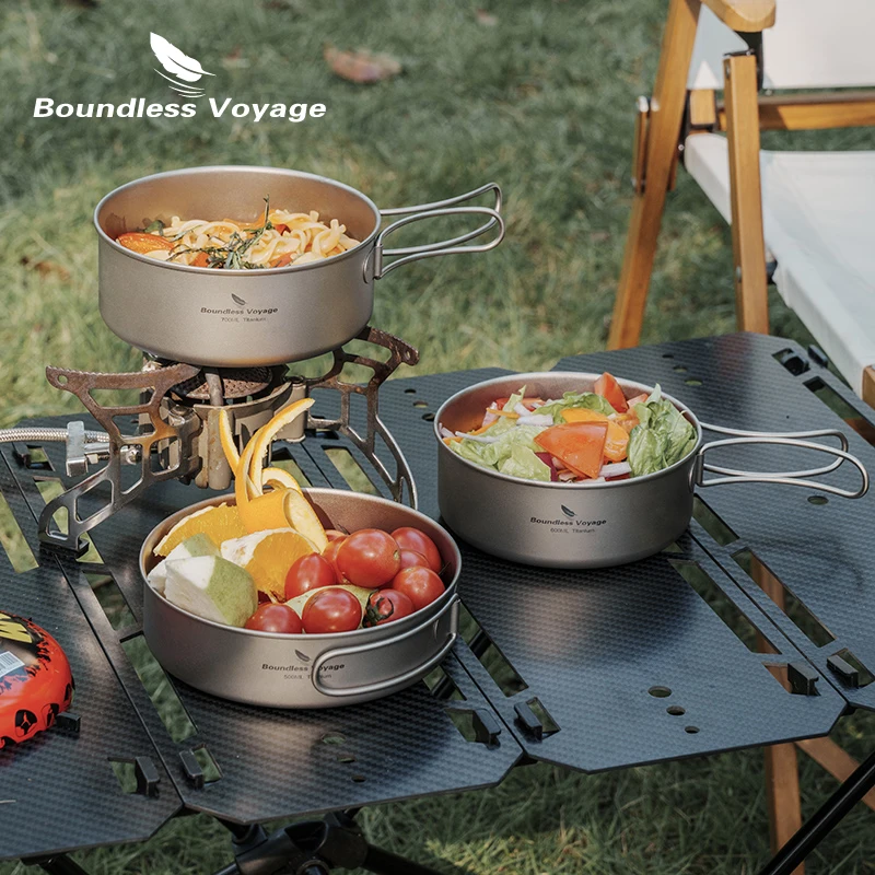 

Boundless Voyage Outdoor Ultralight Titanium Pot Pan Set Camping Cooking Bowls Plates Mess Kit Cookware