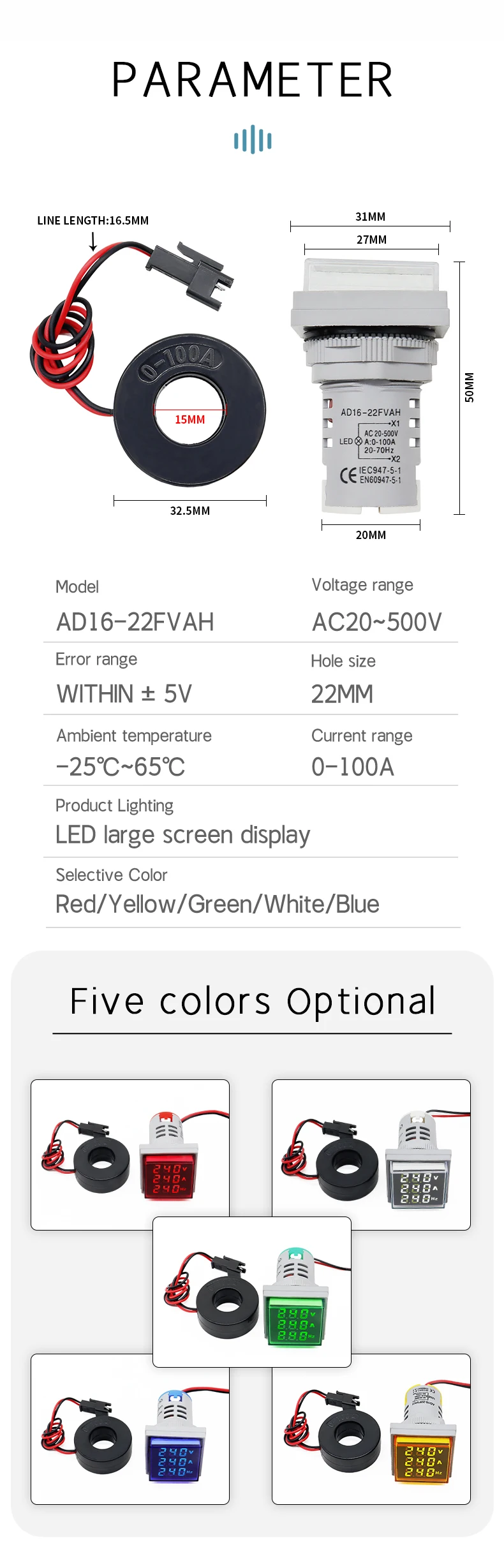 LED Digital Spannung Strom Hertz Quadratische Anzeige Panel Meter Loch 22mm Mit 0-100ACT Voltmeter Amperemeter Frequenz – Detail 4