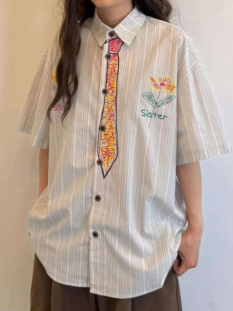 Vintage American Hand Painted Y2K Shirt Women Loose Casual Preppy Style Blouse Oversize Harajuku Short Sleeve Cute Bf Tops