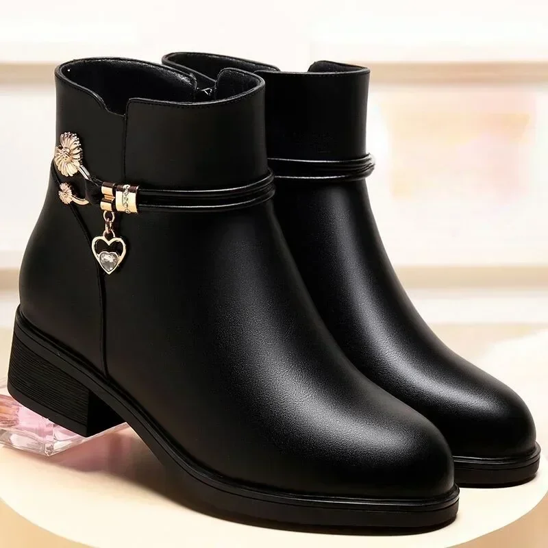 Winter Boots Women's Waterproof Warm Leather Mother Cotton Boots Fashion Black Mid heel Plush Snow Boots Soft Sole Short Boot image 4