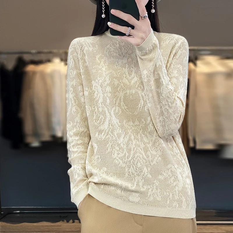 Spring/Summer Hollow Out Pure Wool Knitted Sweater T-shirt Women's Thin Fashion Long Sleeve Half High Neck Elegant and UniqueTop