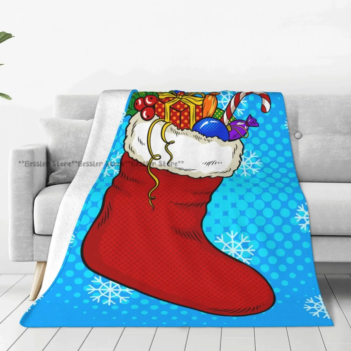 Flannel Blanket Retro Christmas Stocking With Gifts Pop Art Light Wash Warm Soft Blanket Throw on Sofa Bed Travel Patchwork