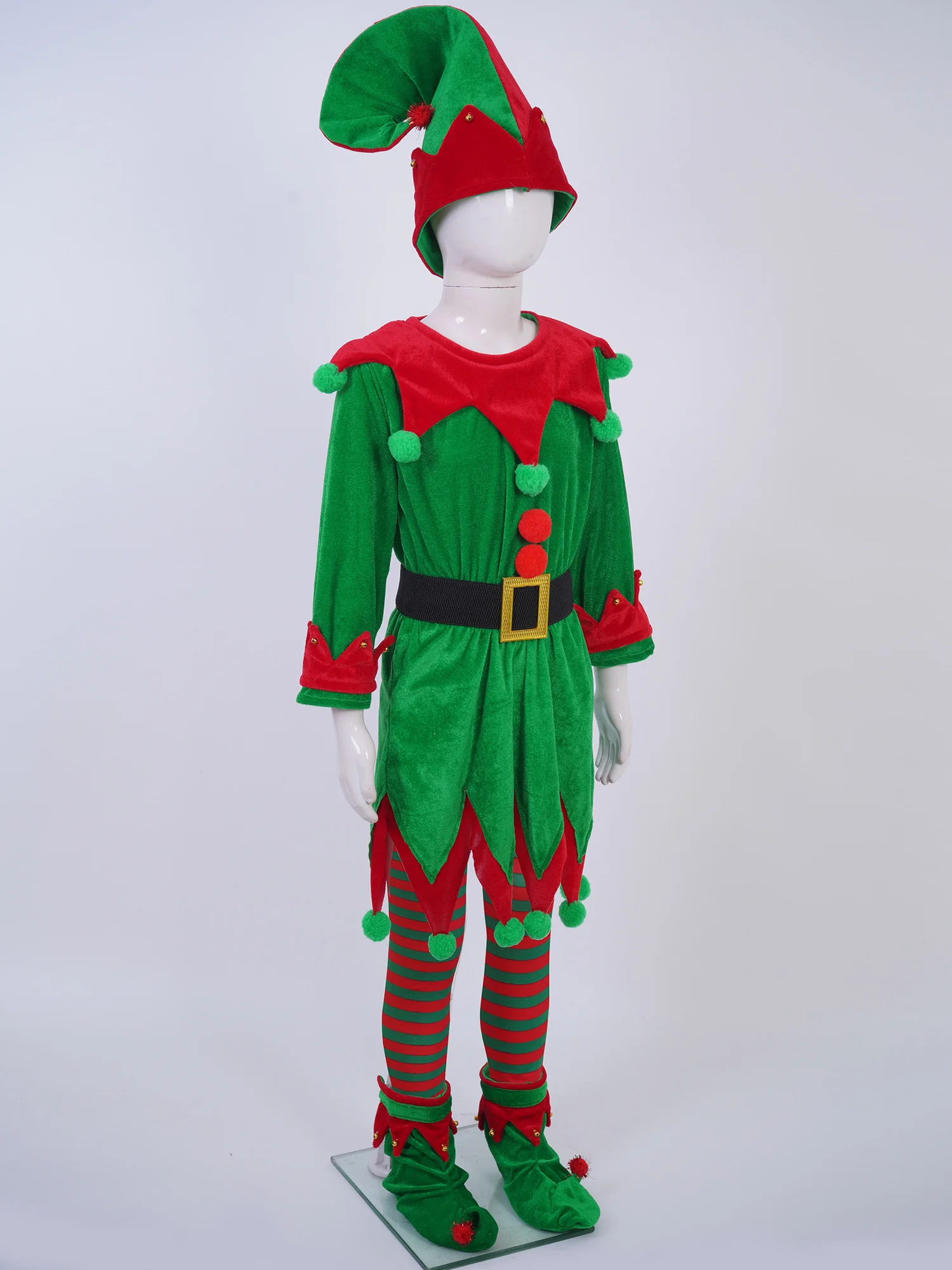 Kids Elf Costumes Boys Girls Child Christmas Fancy Dress Costume Santa Helper Xmas Outfit﻿ Dress Ears Hat Shoes Stockings Set