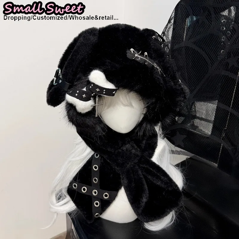Y2K Girls Women Japanese Harajuku Hat Gothic Rabbit Bunny Ear Winter Warm Fluffy Bone Hat Keep Warm Scarf Steampunk Beanie Hat