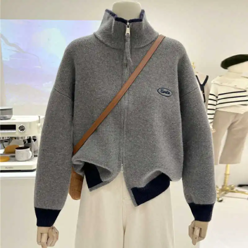 

Double Zipper Women Knitted Cardigan Stand Collar Long Sleeve Casual Sweater Coat Female Autumn Soft Knitwear Top