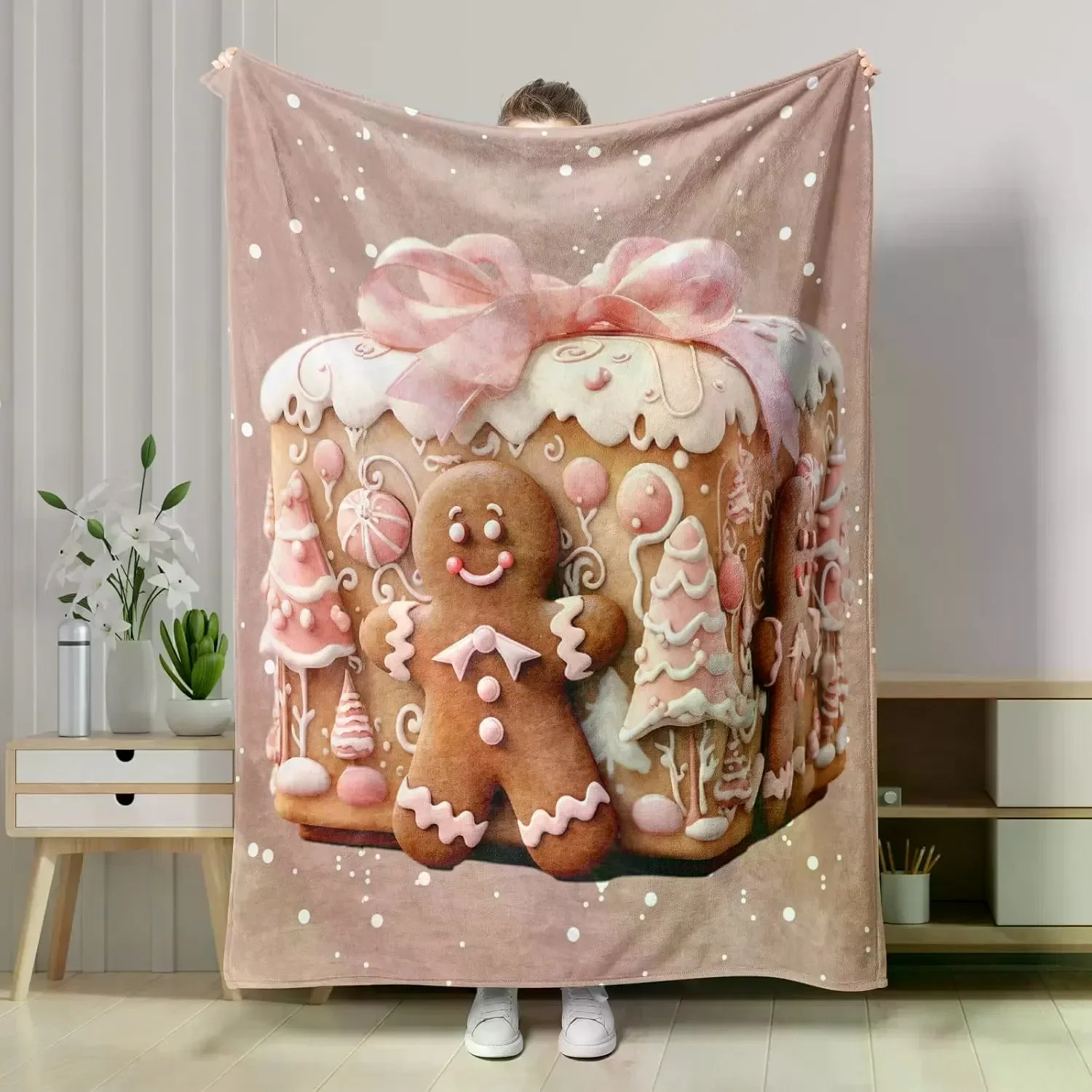 Cute Gingerbread House and Gingerbread Man Throw Blanket Cozy Winter Holiday Decor Gift for Couch
