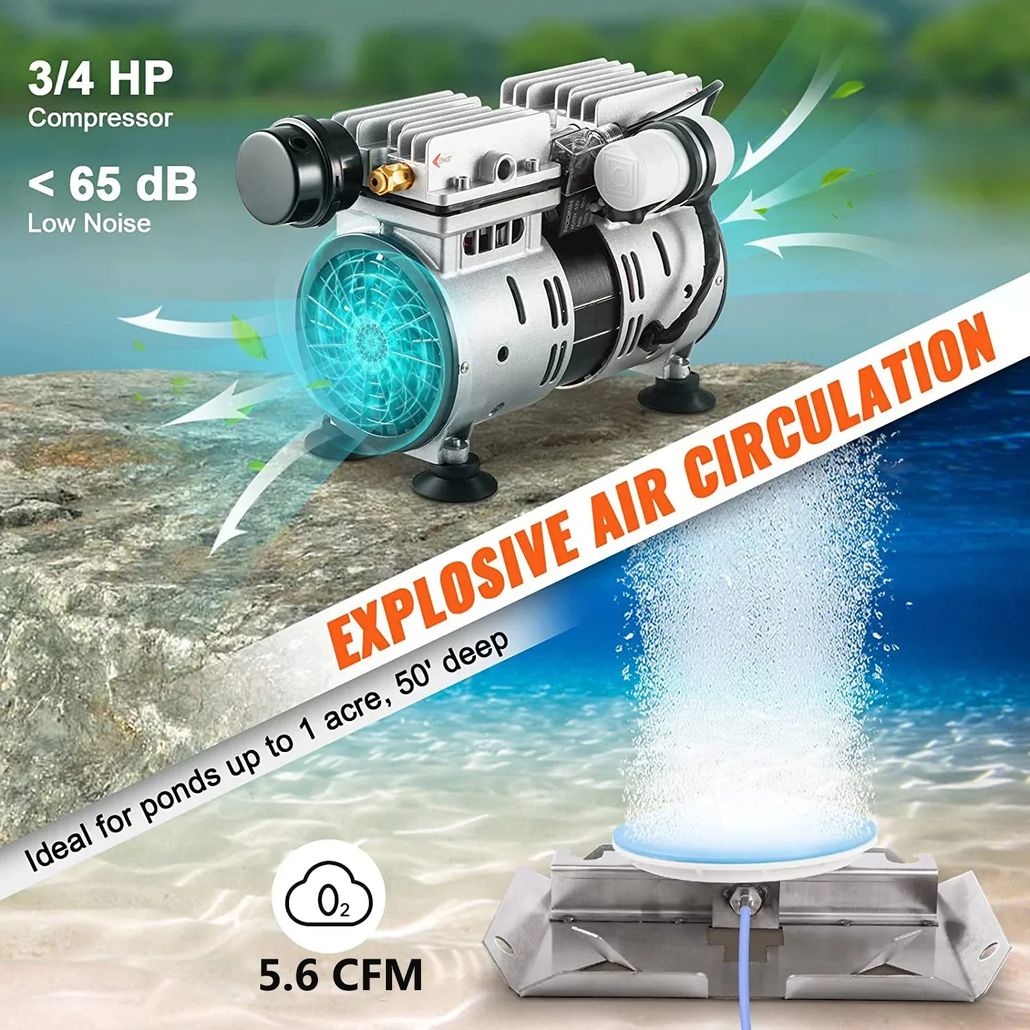 PUMP 3/4 Compressor Pump Pond Aeration Kit 5.6CFM Fish Pond Aerator Air Compressor for Deep Water Oxygen Circulation