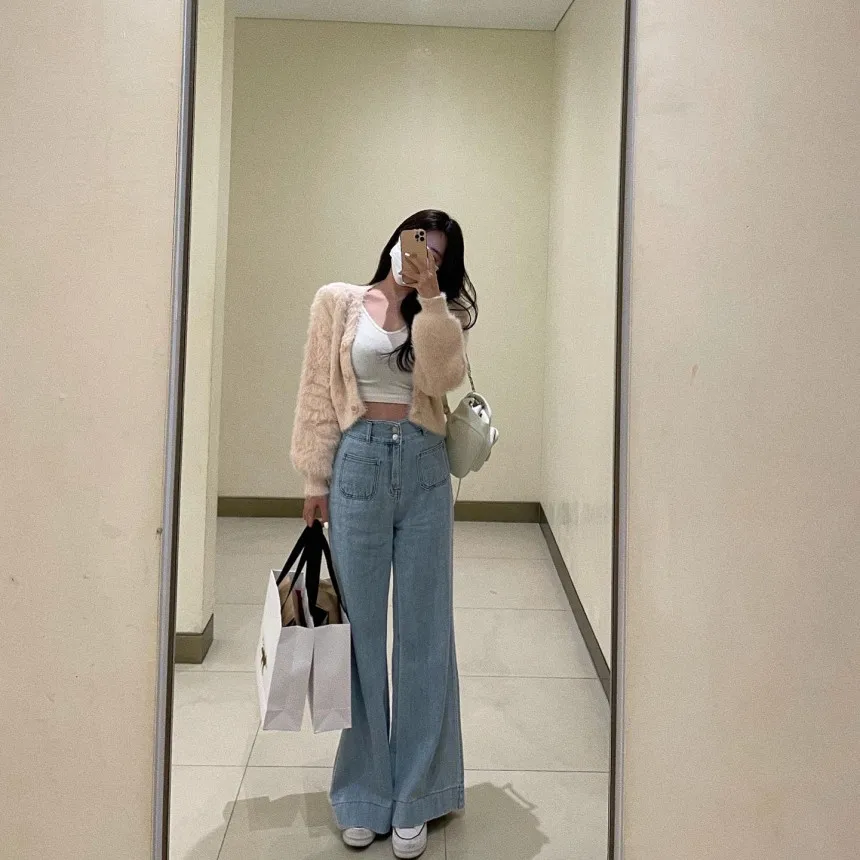 

High Waist Loose Fit Slimming Denim Jeans Women's Vintage Waed Two Button Micro Flared Long Trousers Trendy Casual Jeans