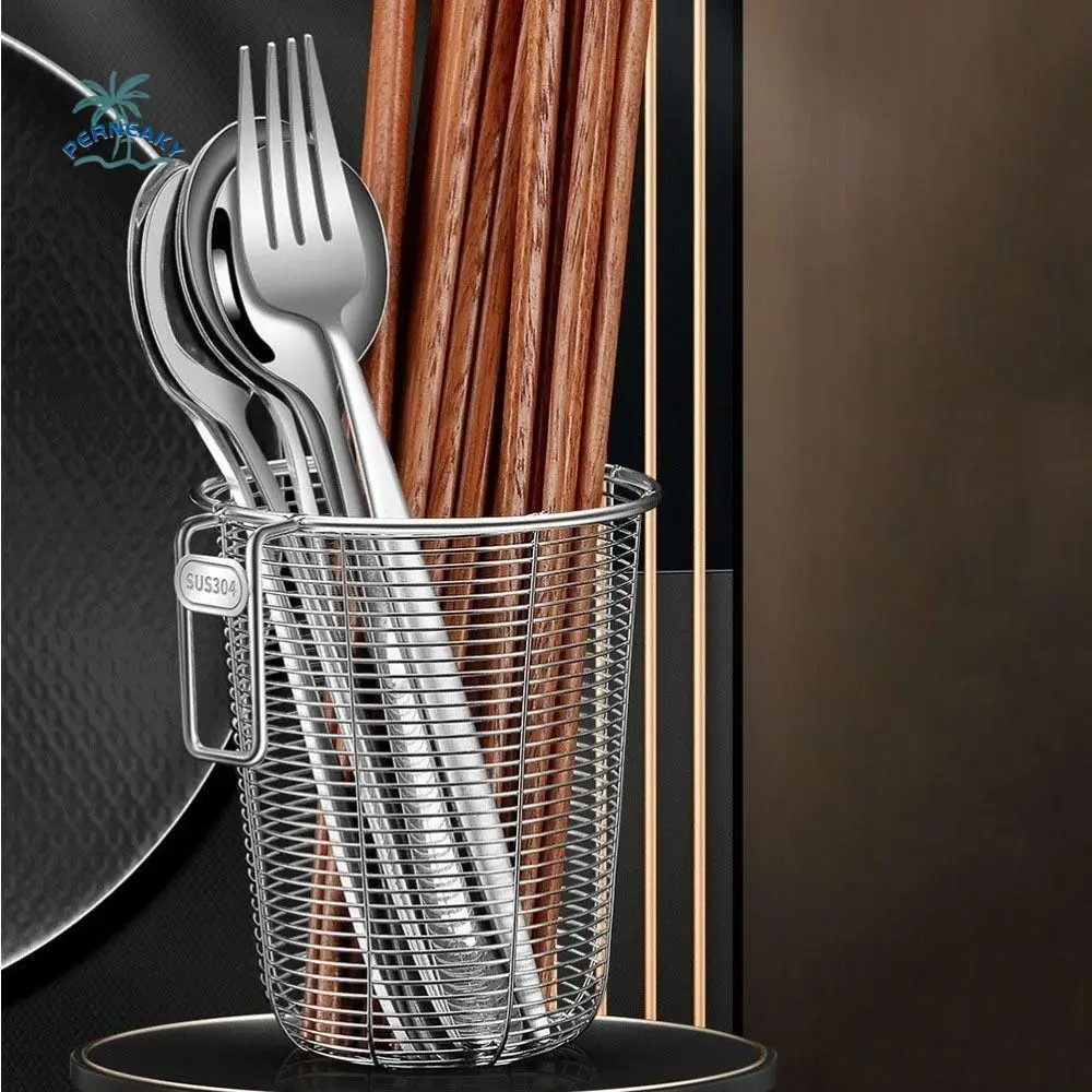 

Drainable Chopsticks Tube Hanging Tableware Organizer Spoon Fork Cage Rack Wall Mounted Stainless Steel Kitchen Cutlery Holder