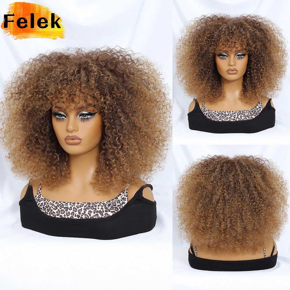 Halloween kurze Afro-Perücken mit Pony für schwarze Frauen, 35,6 cm lange synthetische Bob-Lockenperücke, Ombre-Braun, verworrenes lockiges Haar, Cosplay-Perücken