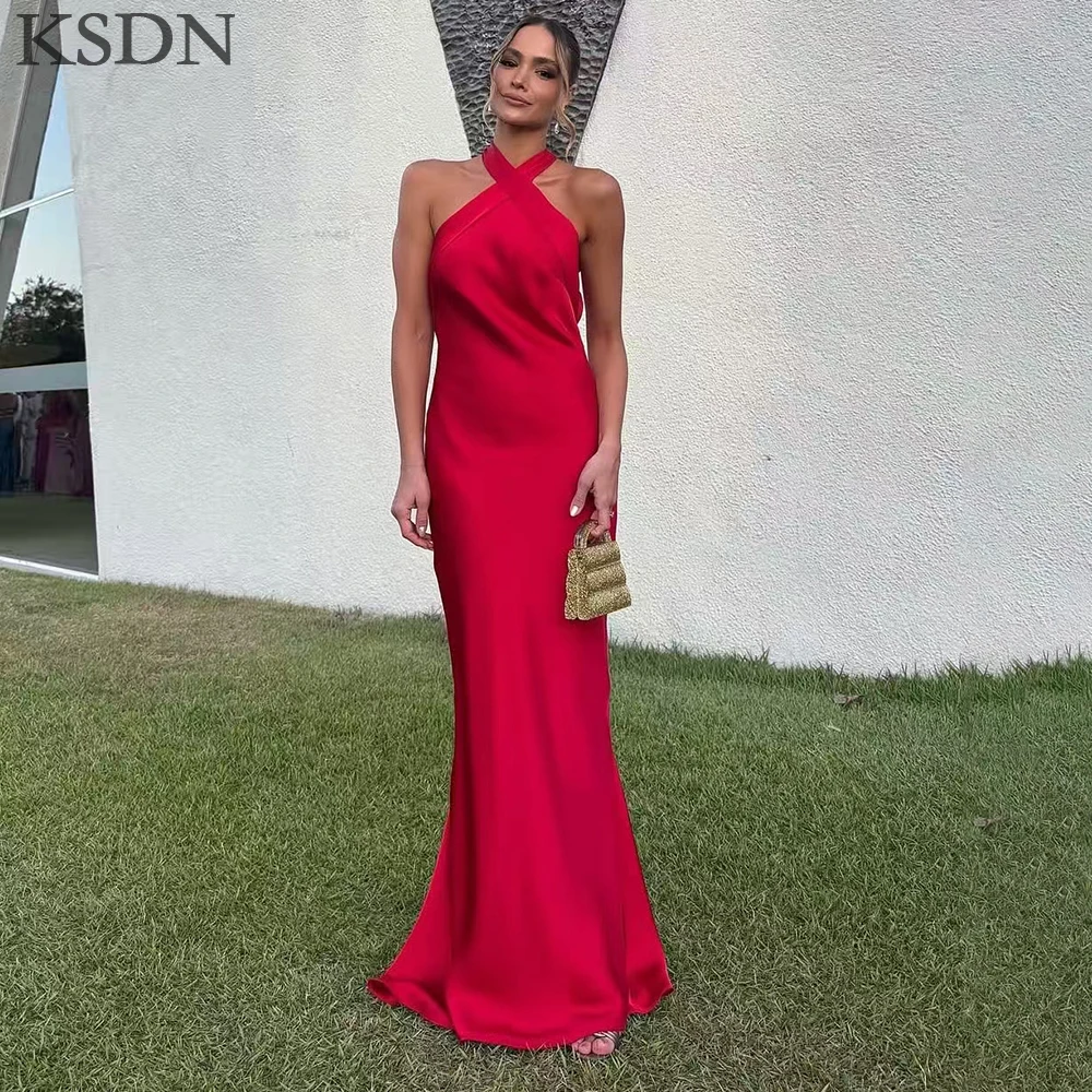 

Simple Evening Dresses Formal Occasion Halter Sleeveless Chapel Train Backelss Gowns High Quality Customzied Dress Vestidos