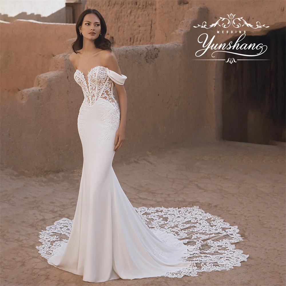 YunShang Customized V-Neck Embroidery Lace Detachable Sleeve Mermaid Wedding Dress Sweep Train Appliques Luxury Off Shoudler
