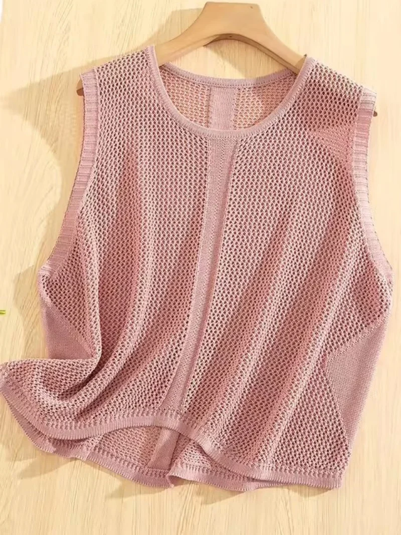 

Women's Summer Knitted Vest Hollow Out Diamond Grid Loose Short Sleeveless Camisole Stacked Top Thin Y2K J418