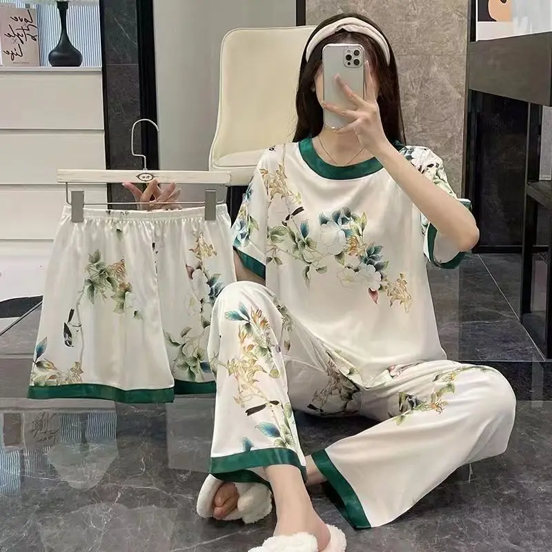 Pyjama d'été en soie de lait pour femmes, ensemble trois pièces, vêtements de maison mignons et doux, nouveau