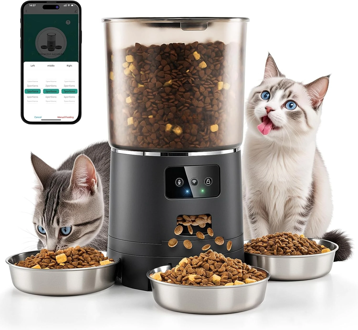 Automatic Cat Feeder for 3 Cats,6L/25 Cups Smart WiFi Pet Feeder,Strong Anti-Jam System,Dual-Effect Desiccant Cat Food Dispenser