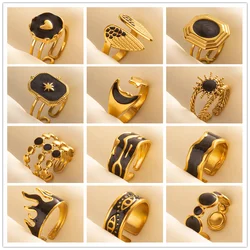 Balck Enamel Gold Plated Heart Fire Evil Eye Stainless Steel Ring Vintage Finger Jewelry Sun Moon Star Rings For Women Men Bague