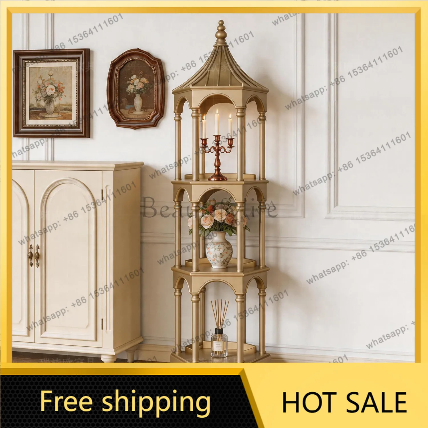Factory Direct American retro champagne color pagoda-shaped three-layer shelf decorative display case