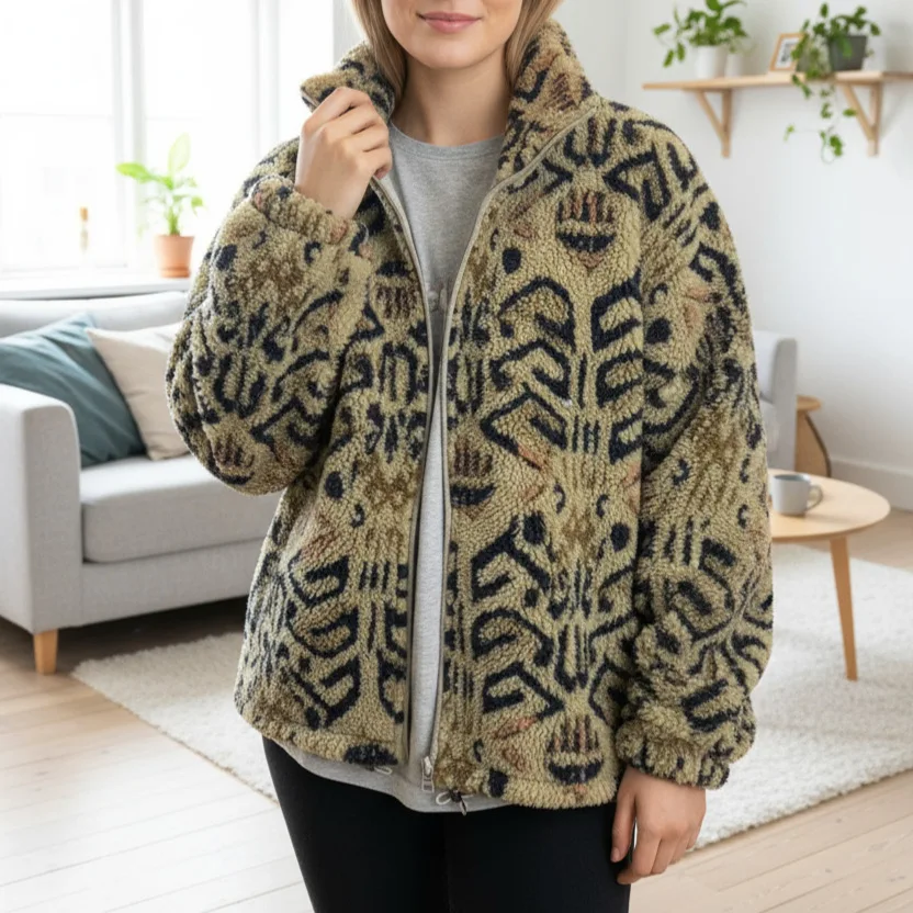 

2025 New Fashion Printed Zipper Lamb Wool Long-sleeved Cardigan Women Winter Casual Loose Leopard Print Lapel Jacket For Women