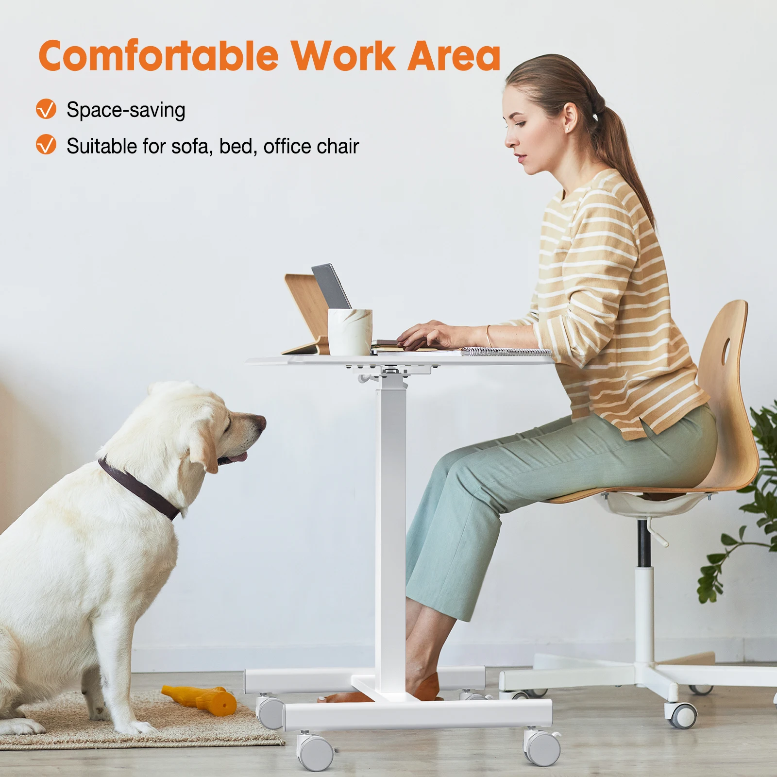 JHK Portable Computer Desk Laptop Height Adjustable Table Mobile Sitting Workstation Lockable Wheels Suitable For Work Learning
