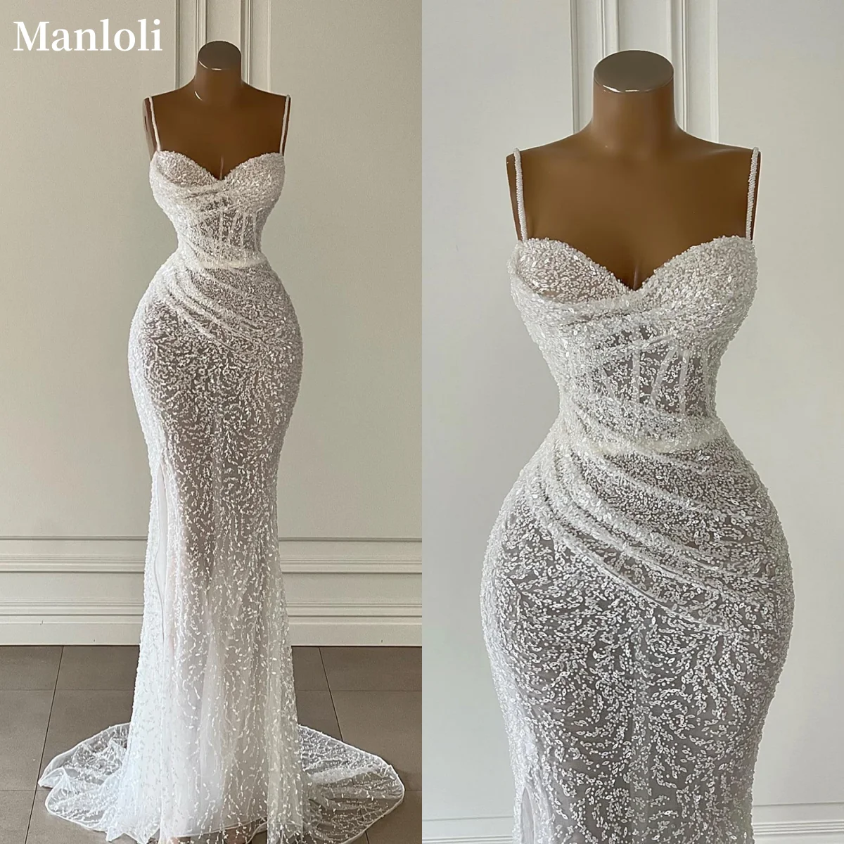 

Classic Sweetheart Mermaid Wedding Dress Spaghetti Strap Shining Sleeveless Bridal Dress Sweeping Train Dress Customization