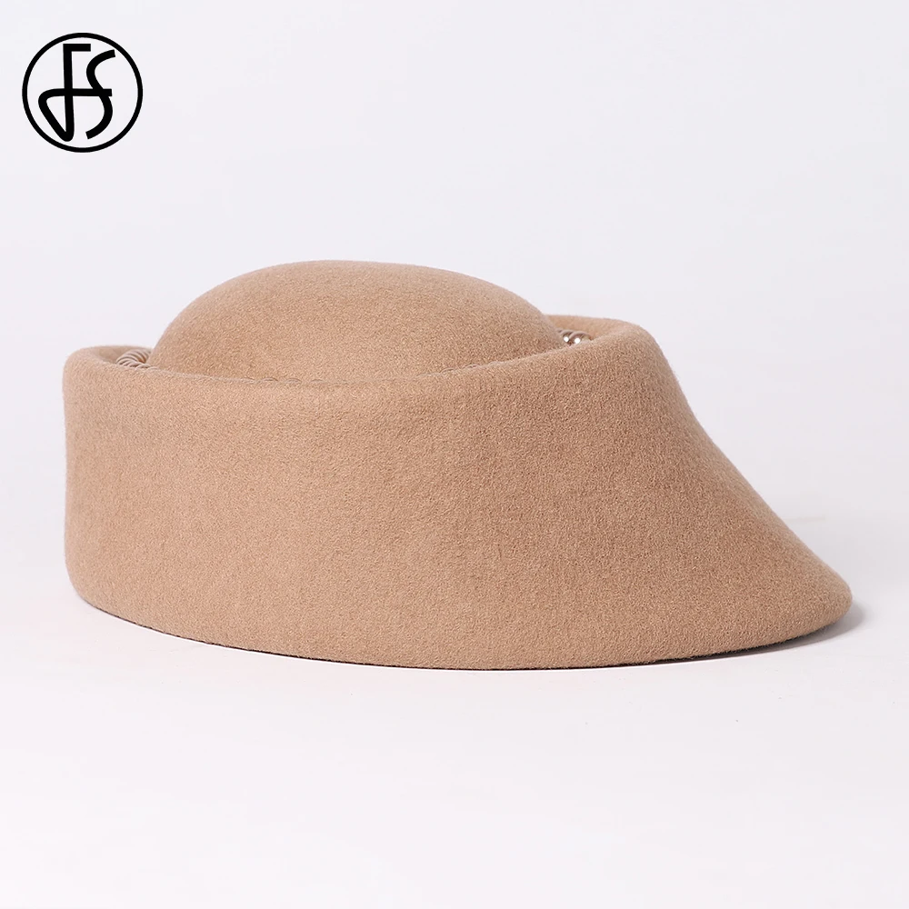 FS Vintage Camel Small Top Hats For Women With Faux Pearls Elegant Wedding Church Beret Fascinator Wool Felt Fedoras Winter Cap