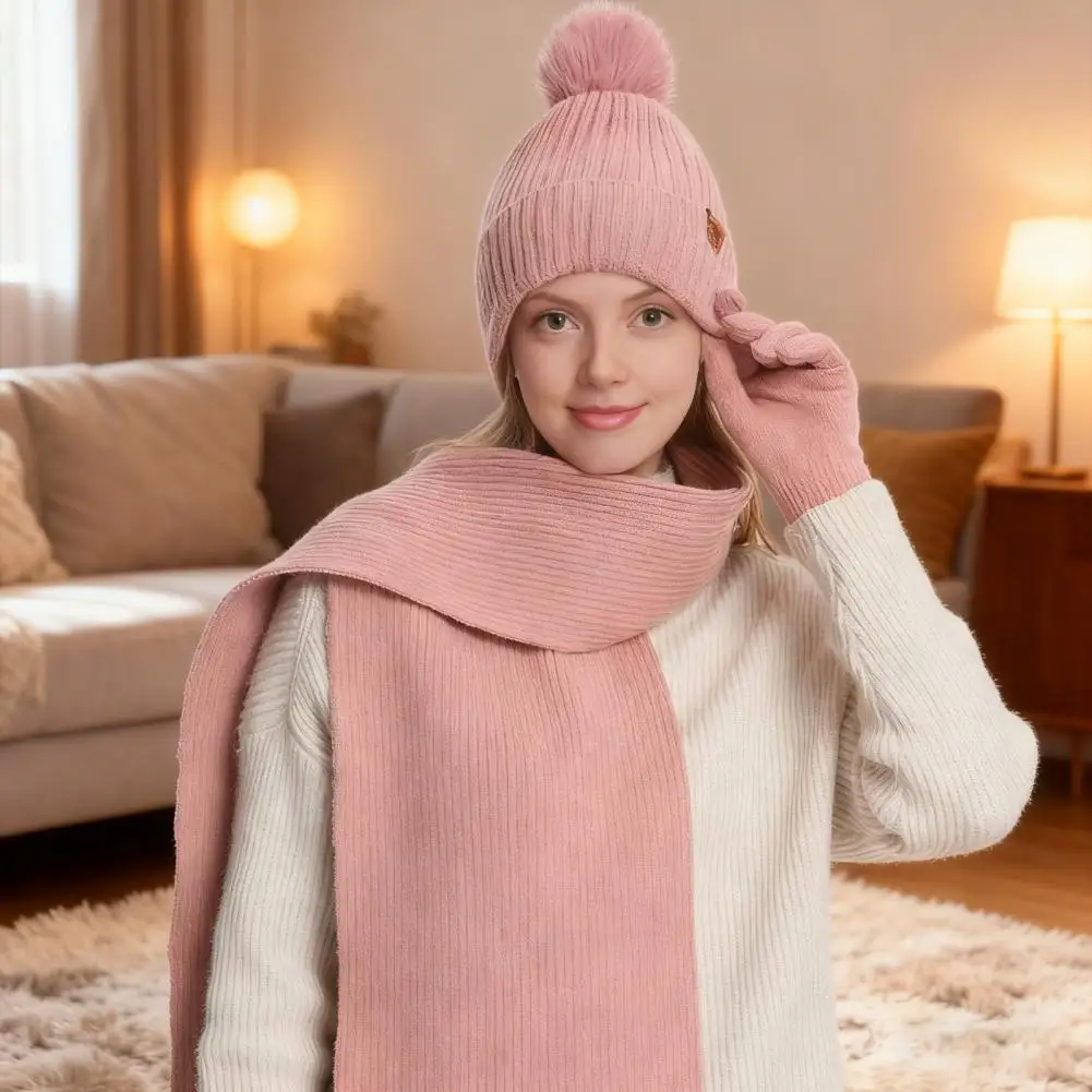 الحرارية صوف مبطن قبعة الشتاء وشاح محبوك قفازات مجموعة مع بوم بوم الكرة طبقة مزدوجة قبعة لمس قفازات المرأة 3 قطعة #3