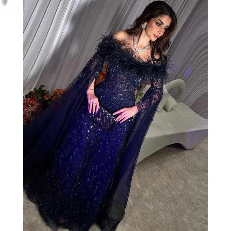 Dark Navy Crystal Beading Feathers Dubai A-Line Evening Dresses Off The Shoulder Ribbons Formal Party Wear Gown