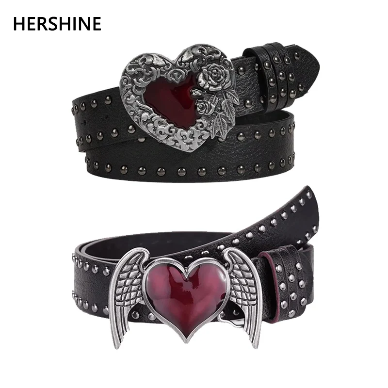 1Pcs Rose essential oil droplet heart-shaped leather belt, rivet decoration, Y2K punk gothic rock hip-hop style，spring，summer