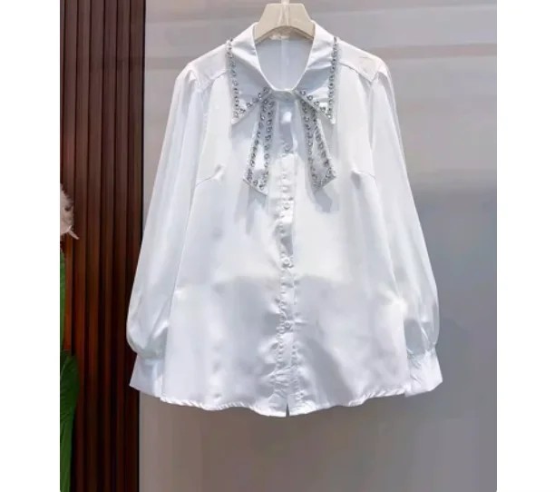 Spring New Simple Large Size Women Versatile Loose Long Sleeve Top Diamond Turn-down Collar Solid Color Lolita Korean Shirt
