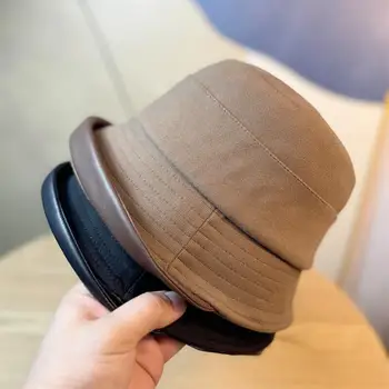 2024 가을 유행 여성 어부 모자 쇼핑을위한 고품질 솔리드 컬러 압연 가장자리 패치 워크 가죽 양동이 모자 