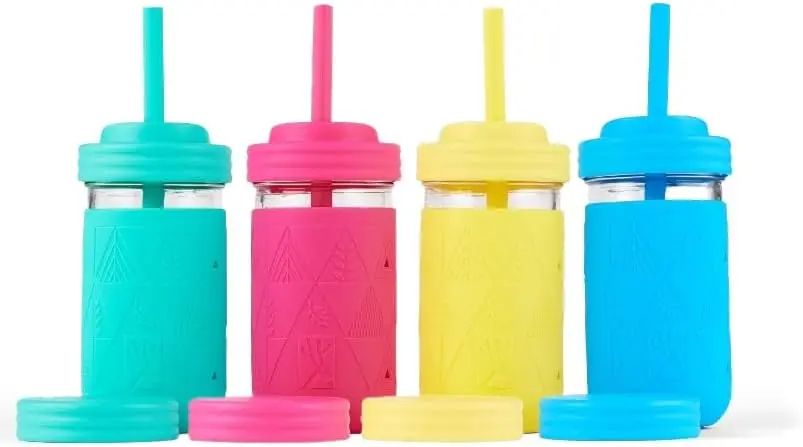 

Kids Glass Cups with Silicone Sleeves & Lids | 12oz Mason Jars | Spill Resistant | Dishwasher Safe | 4 Pack