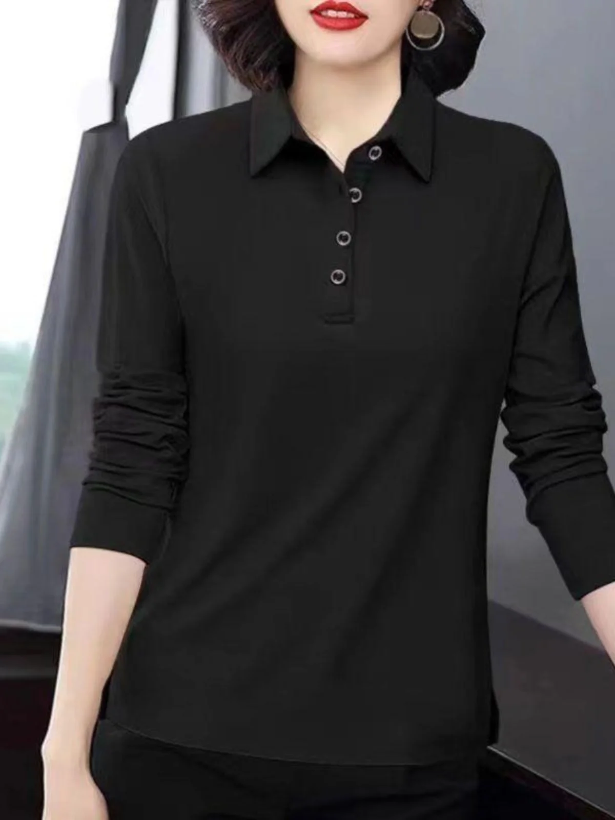 긴팔 폴로 셔츠 여성용 봄 가을 티셔츠 신상 2025 여성 패션 안티에이징 칼라 셔츠